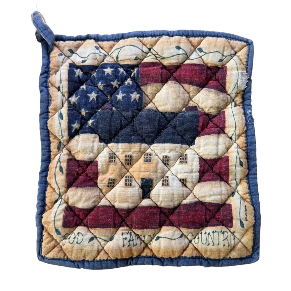Primitive Americana God Family Country Potholder Quilted American Flag House